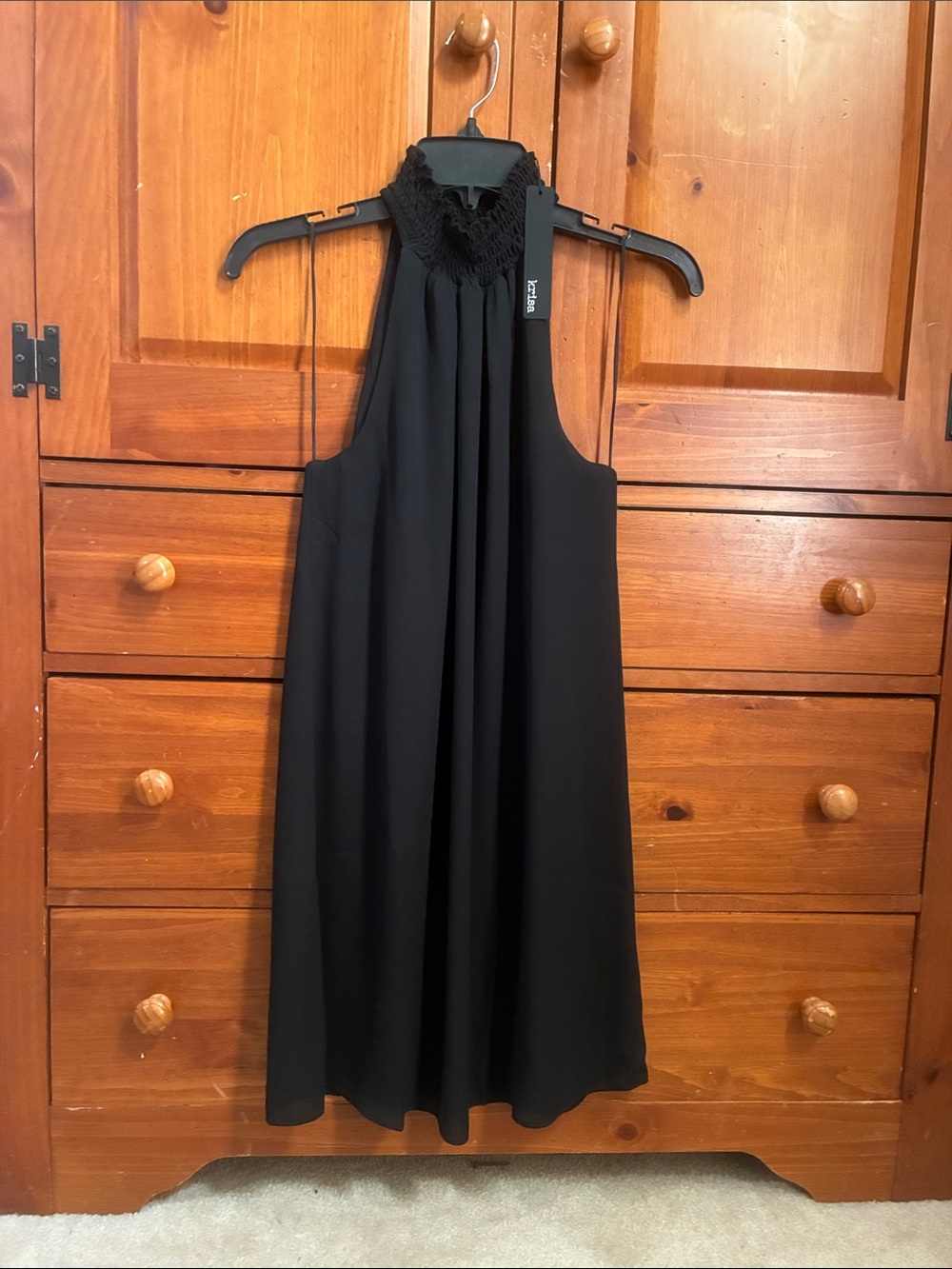 Krisa Chic Black Halter Mini Dress with Lace Collar